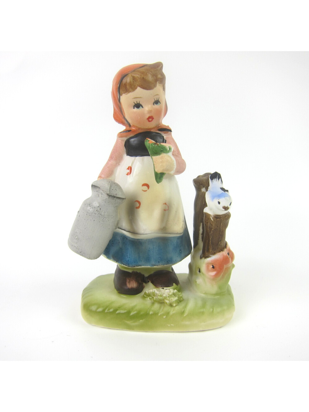 Vintage Erich Stauffer Figurine Girl Jug Flowers Bird Porcelain Arnart Japan